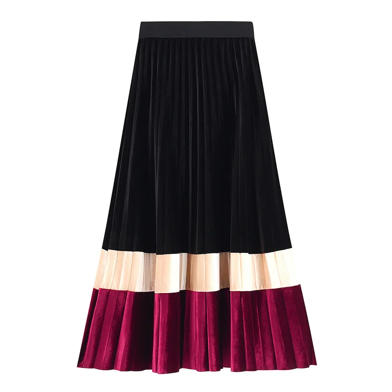 Осенне зимние Бархатные длинные плиссированные юбки с цветными блоками