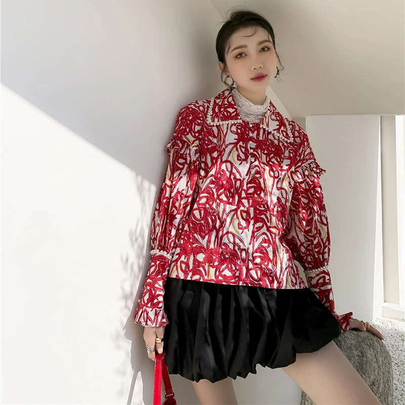 

2022 Spring Shirts For Women Red Color Print Beading Single Breasted Long Sleeves Lapel Shirt Top Female Fashion N401