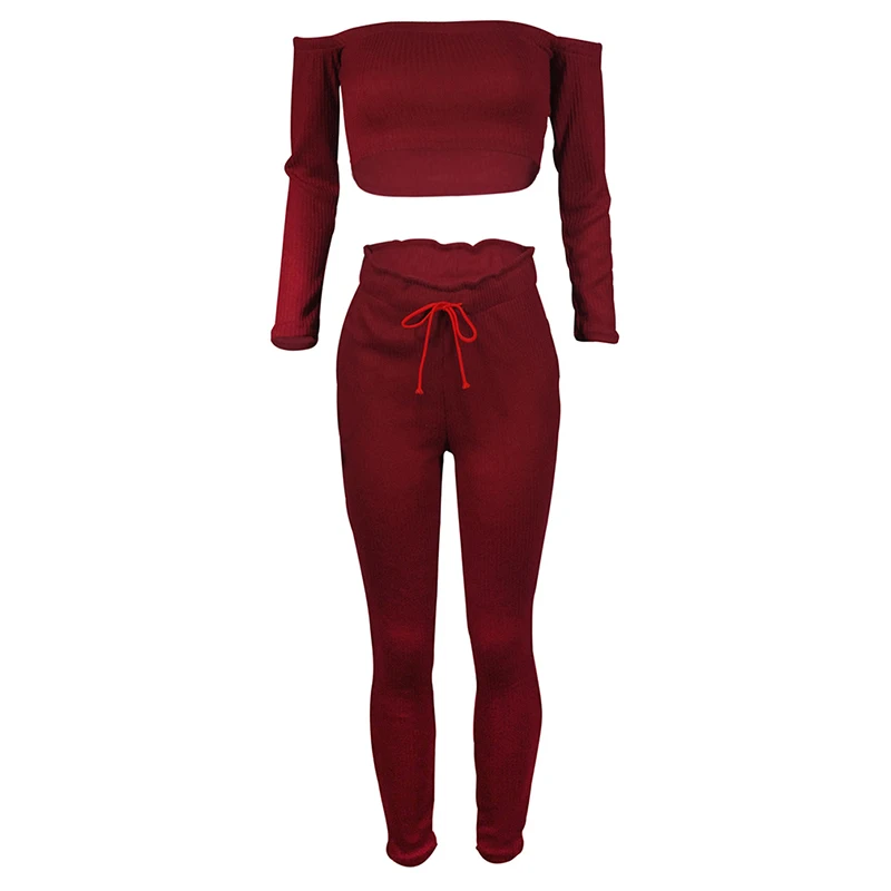 Women Sweater Set 2020 Summer One Shoulder Long Sleeve Red Dew Navel Pant Two Piece | Женская одежда