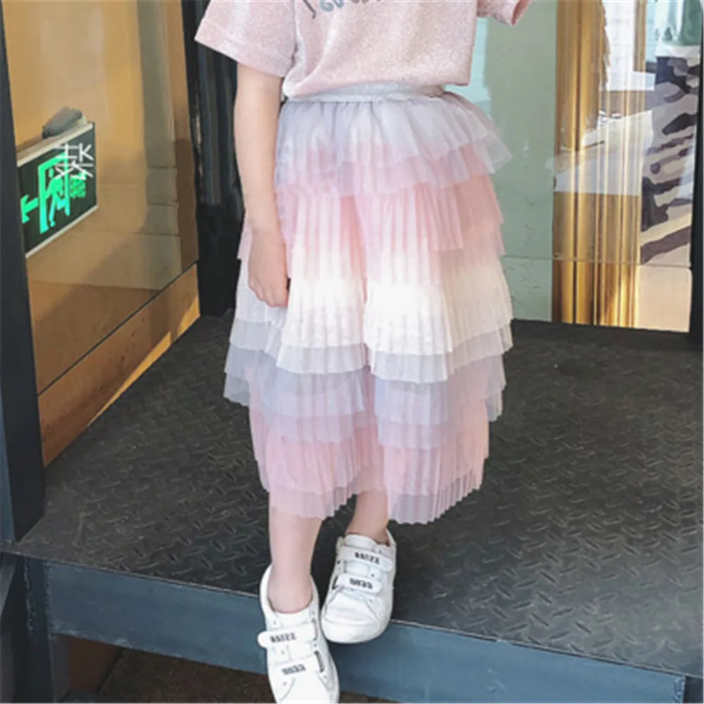 Детская плиссированная юбка длинная сетчатая летняя новая Повседневная