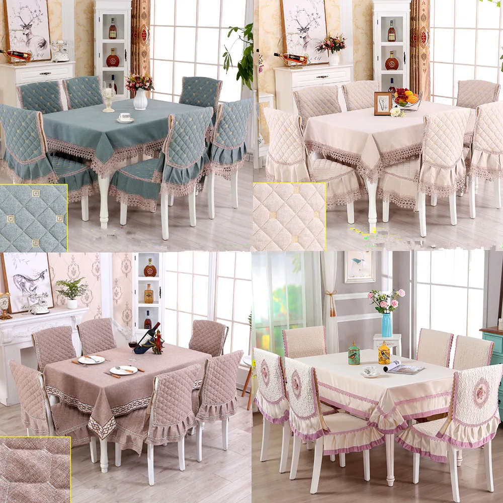 

High-grade European Solid Color Table Cloth 1PCS Tablecloth 6PCS Chair Cover Modern Minimalist Non-slip dining Table Chair Set W
