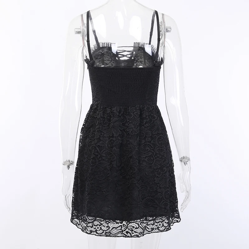 

Women Sexy Close-fitting Dress, Black Solid Color Lace Hem Boat Neck Suspender One-piece