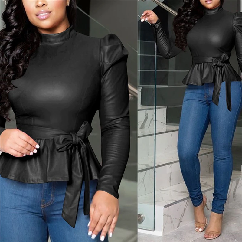 

Locomotive Style Pullovers Ladies Girl PU Leather Long Sleeve Coat Solid Pullover Frenulum High Street Tops Cool Ladies Top