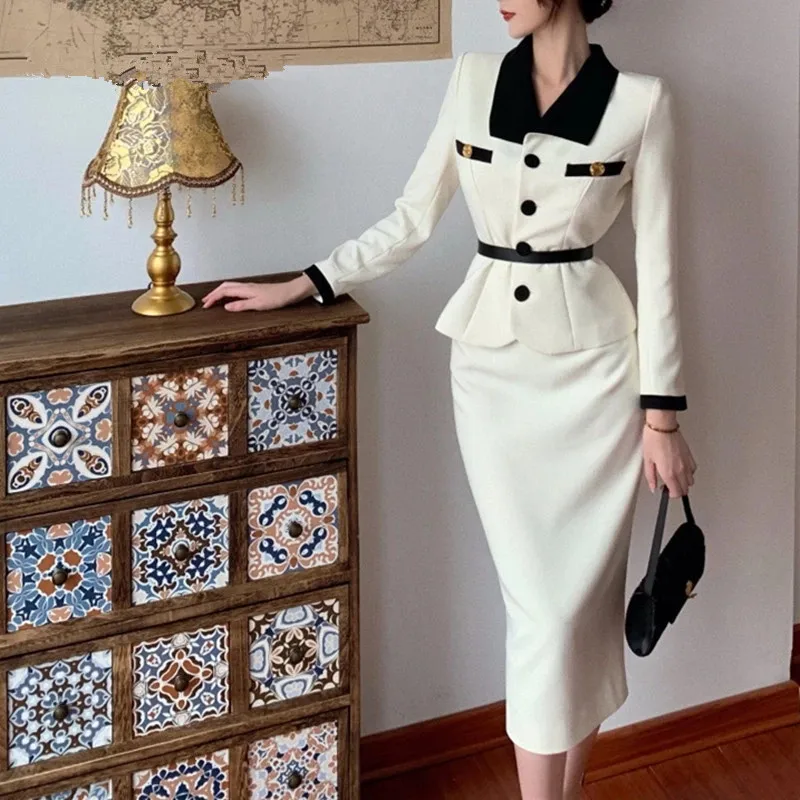 

Women Skirt Suits Elegant High Waisted Pencil Skirts Office Ladies Formal Work Two Piece Set Vintage Blazer Tops Autumn Winter
