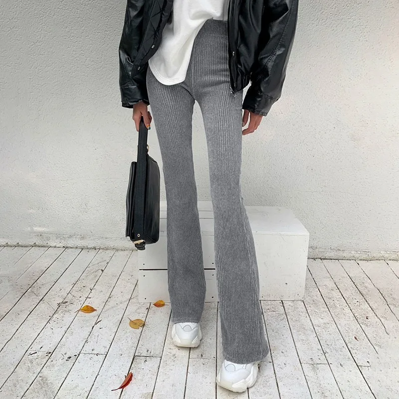 

Casual Corduroy Pants Women Solid Elastic High Waist Fashion Flared Bell Bottoms Female Solid Color Slimming Long Trousers 2021