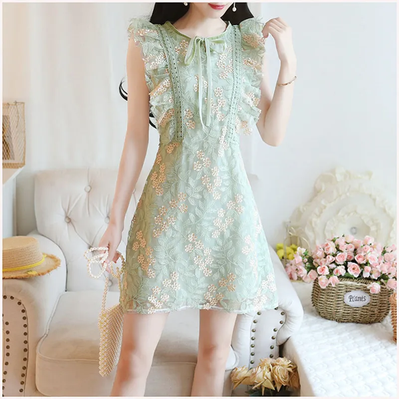 Женское Сетчатое платье без рукавов модельное мятно-зеленого цвета с цветочной