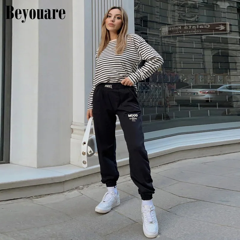 

Beyouare Casual Women Sweatpants Letter Embroidery High Waist Loose Trousers Autumn Solid Cotton Basic Elastic Waist Cargo Pants