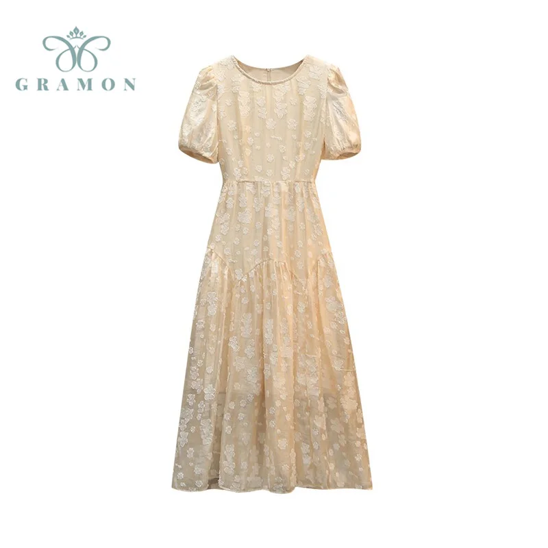 

Женское платье с круглым вырезом, длинное платье с рукавами-фонариками и высокой талией, элегантное платье во французском стиле, лето