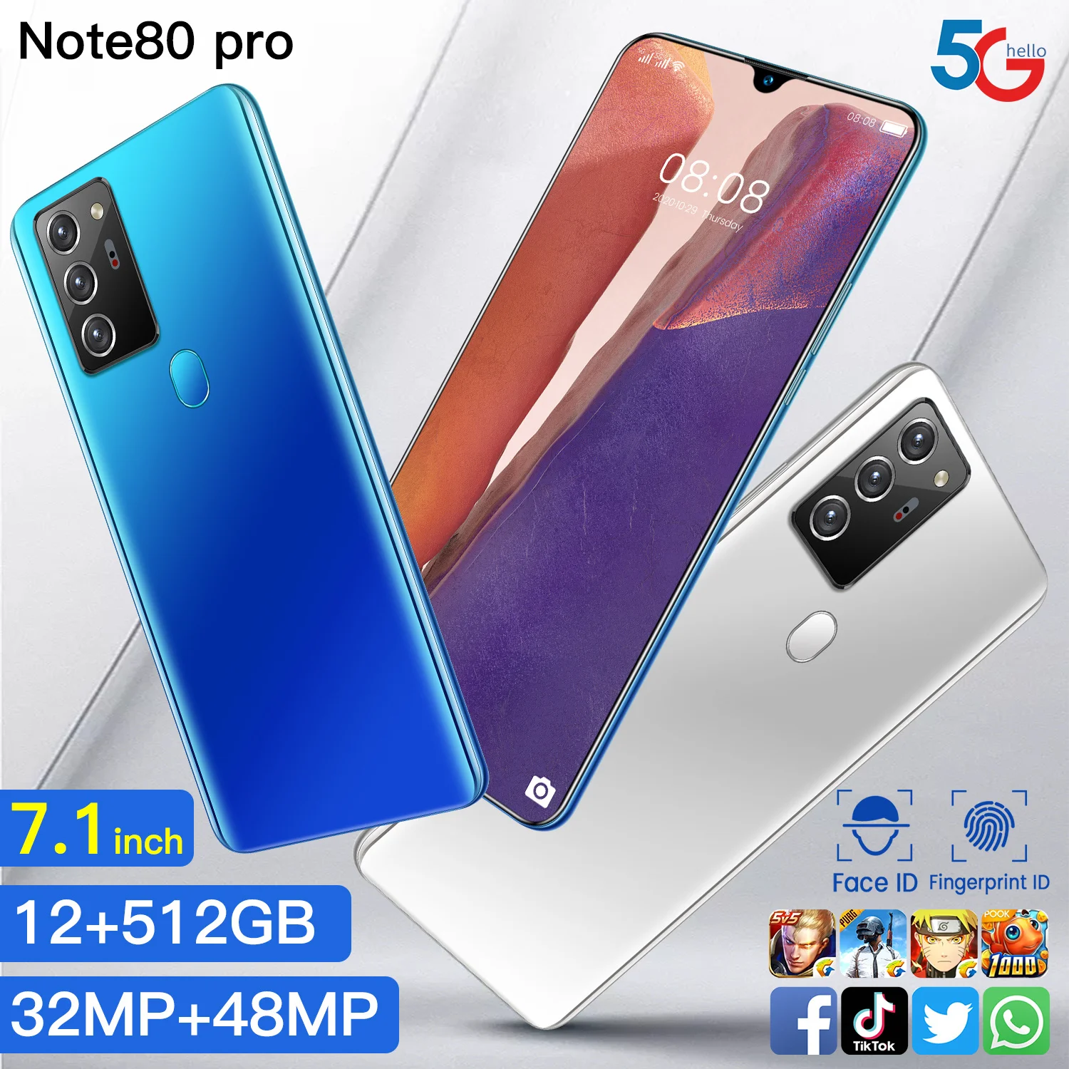 

Cost-effective Note80 Pro Global Version HD Smartphone 12G+512GB 7.1 inch 5600mAh Supports Facial Fingerprint Unlocking 5Gphones