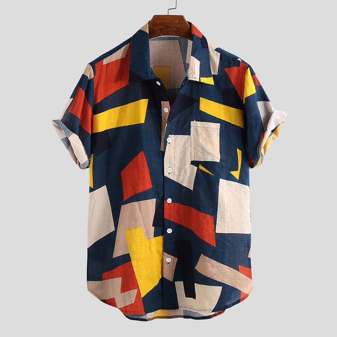 

Summer Mens Shirts Cotton Linen Blouse Shirt Short-sleeve Button-down Print Loose Hawaiian Shirt Blouse Beach Undershirt Soft