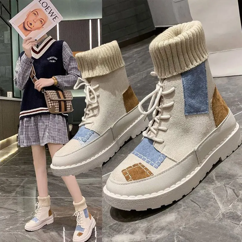 

Autumn Ankel Boots Flock Patchwork Knitted Tube Ladies Short Boots Women's Lace Up Shoes Sewing Warm Platform Female Fashion New