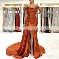 sexy high side split evening dresses with long streamer off the shoulder pleat shiny satin mermaid prom gown evening party dress