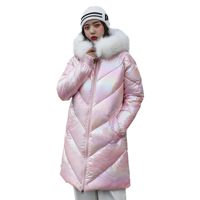 2019 Новый пуховик женский длинный выше колена глянцевый модный свободный большой