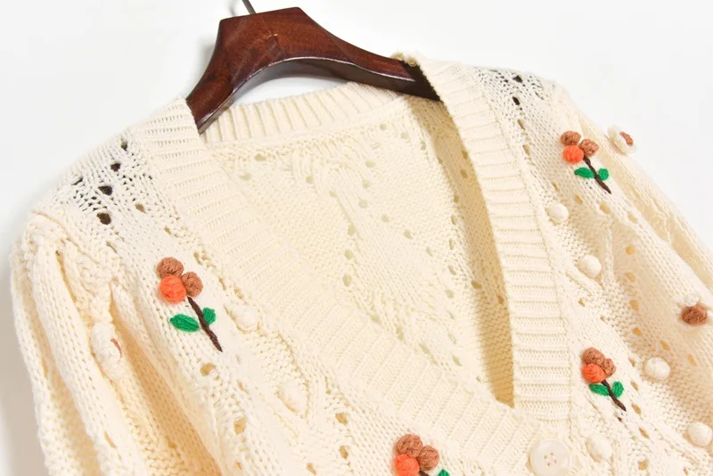 

2021 spring Cropped Cardigan Sweater Coat 3D Floral Appliques Hook Hairball Hollow Out Cardigan Women Fall Outwear Tops