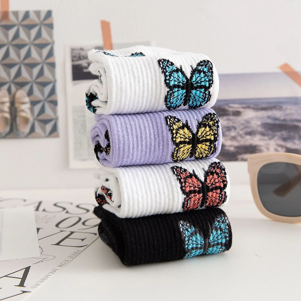 

New Butterfly Middle-Tube Socks Harajuk Students Women Socks 4 Styles Fashion Spring Summer Cotton Socks