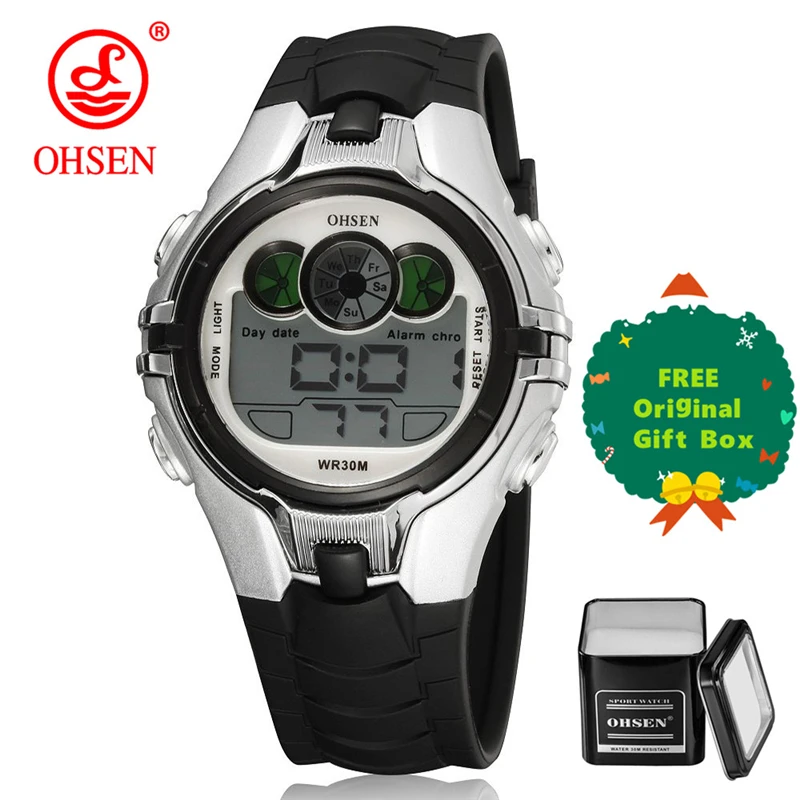 OHSEN Boys Kids Дети Кварцевые спортивные часы Будильник Дата хронографа Светодиодные задние фонари Водонепроницаемые наручные часы Студенческие часы - Цвет: silver and gift box