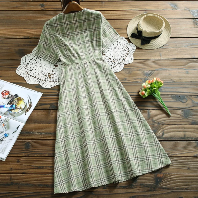 

Korean Chic Green Plaid Summer Beach Dress Women V-neck Single Breasted Short Sleeve Midi Bodycon Dresses Women Vestidos 8121