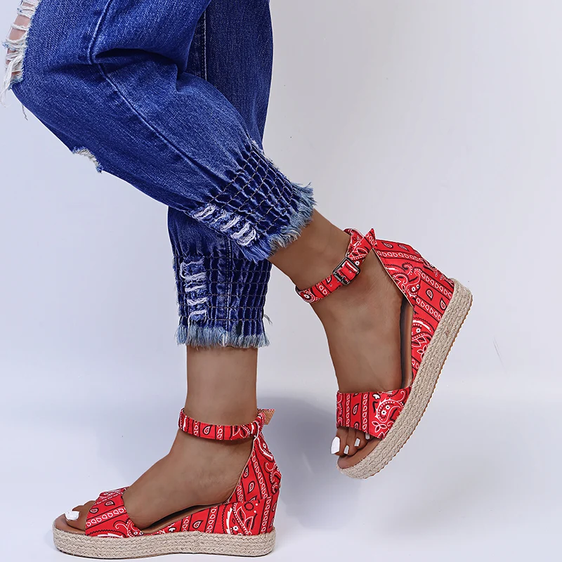 

Summer Shoes Ethnic Print Wedge Sandals Women Open Toe Gladiator Sandals Ankle Strap Platform Heeled Shoes Zapatos De Mujer