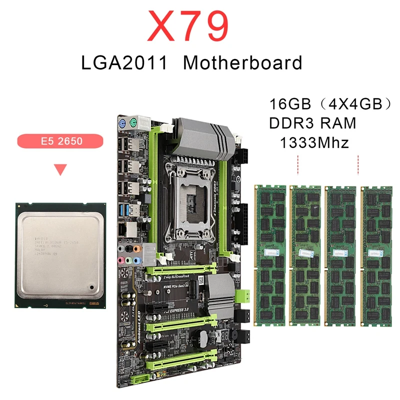 X79 материнская плата LGA2011 комбо с E5 2650 CPU 4 канальный 16 Гб (4x4гб) DDR3 RAM 1333Mhz NVME M.2 SSD