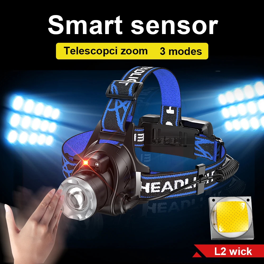 

IR Sensor L2 High Powerful Led Headlamp T6 Zoomable Headlight Rechargeable Head Light 18650 XHP90 Head Lamp for Fishing Hunting