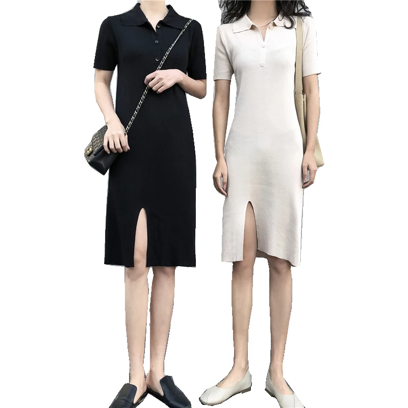 

New 2020 Spring Summer Women Dresses Knitting Bottoming Buttons Split Elegant Casual Stand Collar Slim Sweater Dress Clothes