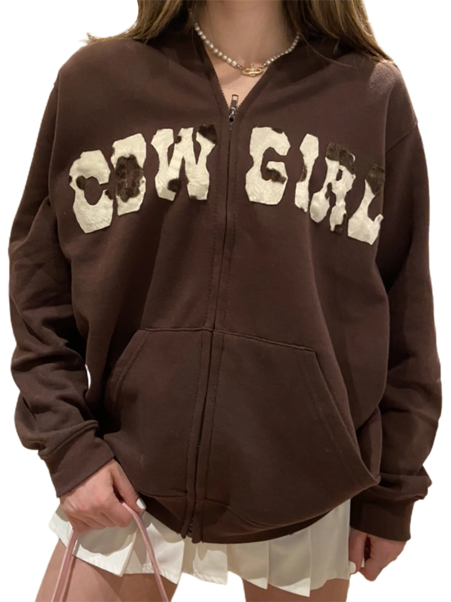 

2021 Spring and Autumn Women's Casual Zip Up Hoodies, Long Sleeve Letter Pattern Hooded Sweatshirts with Pockets