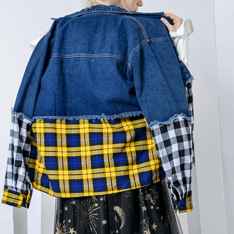 

SISPELL Patchwork Plaid Rough Edges Women's Denim Coat Lapel Collar Long Sleeve Loose For Female Casual Coats 2020 Fashion