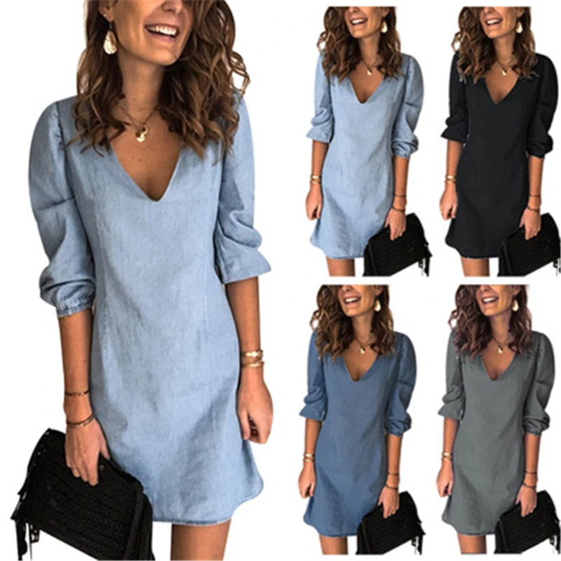 

Women Deep V-Neck Straight Dress Loose Solid Color Pullover Dresses Female Spring Autumn Office Daily Vestidos