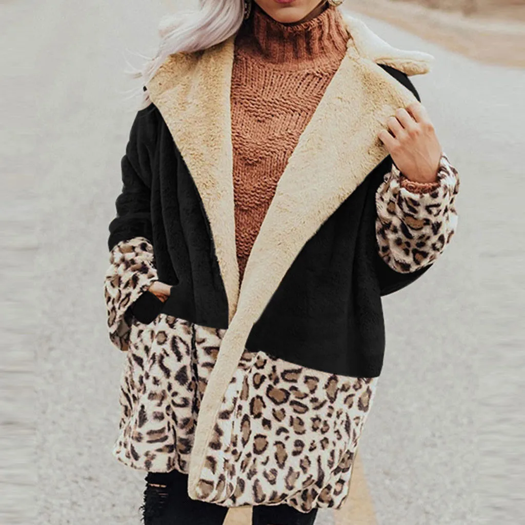 

Patchwork Leopard Plush Pockets Jacket Women Winter Warm Overcoat Fashion Turndown Collar Coat Heated Jacket Winter Jacket