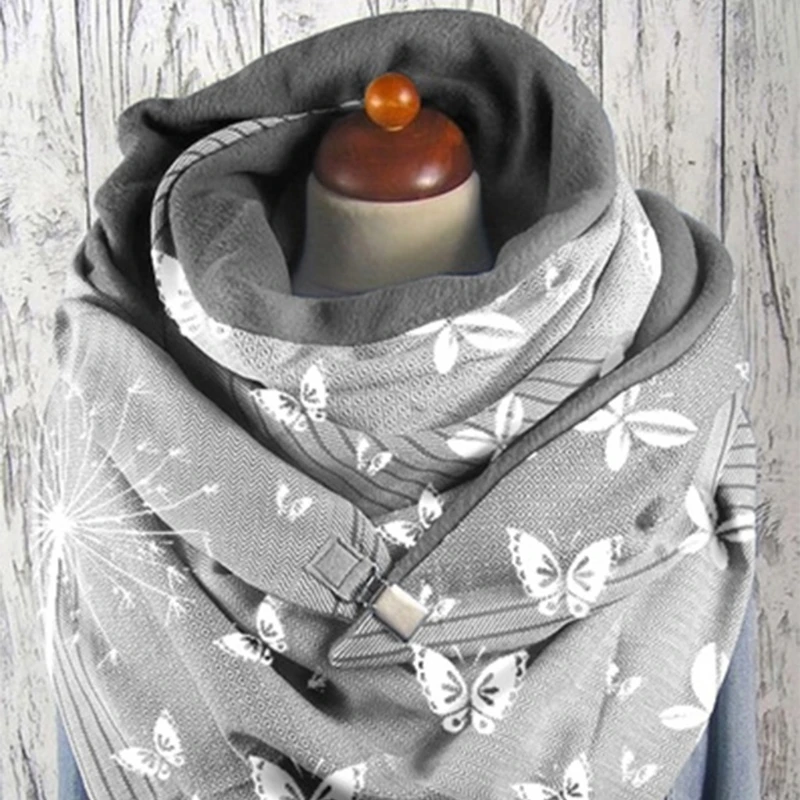 

Women Winter Thicken Warm Large Triangle Scarf with Adjustable Clip Butterfly Printed Solid Color Shawl Wrap Snood Cold Weather