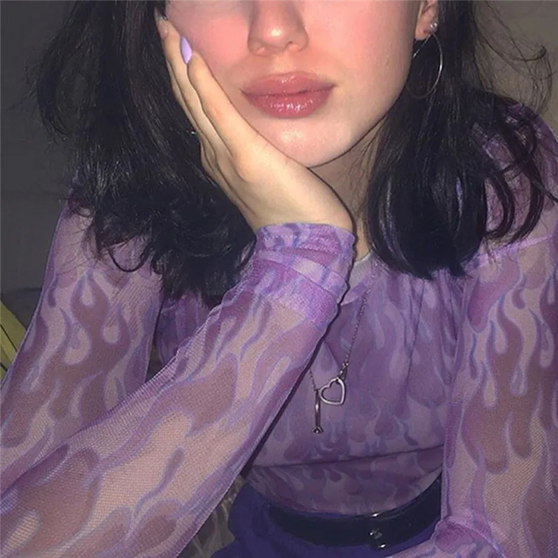 Сексуальная Сетчатая футболка с неоновым огненным принтом женская прозрачная