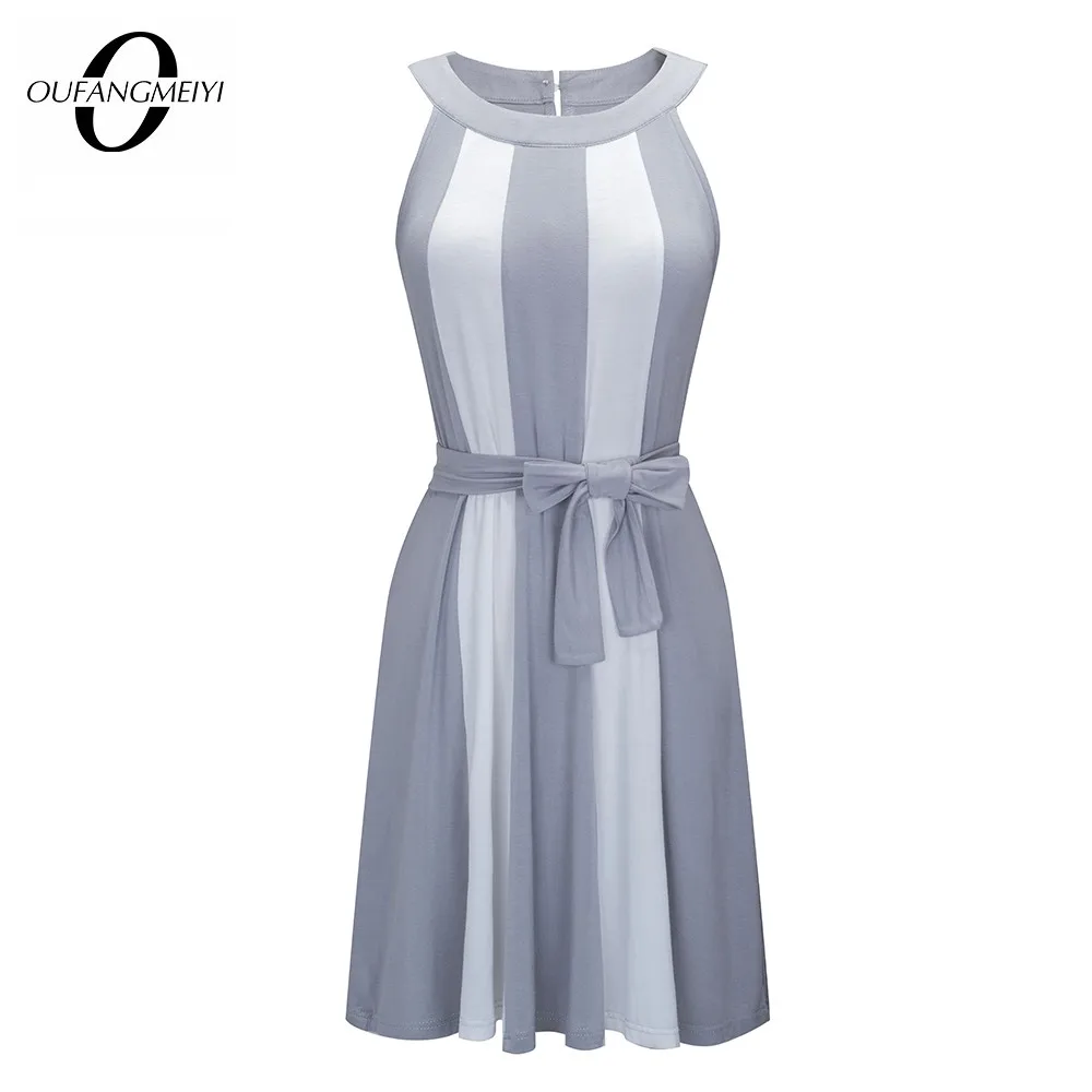 

Летнее женское классическое повседневное мини-платье с воротником хомутом контрастных цветов в стиле пэчворк с карманами EA257