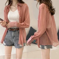 summer fairy korean version all match large size solid color blouse blouse long sleeves loose thin long style