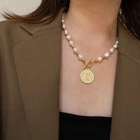 brass with 24k gold real baroque pearl coin beads ot chian necklace women jewelry designer t show runway gown sweety boho japan