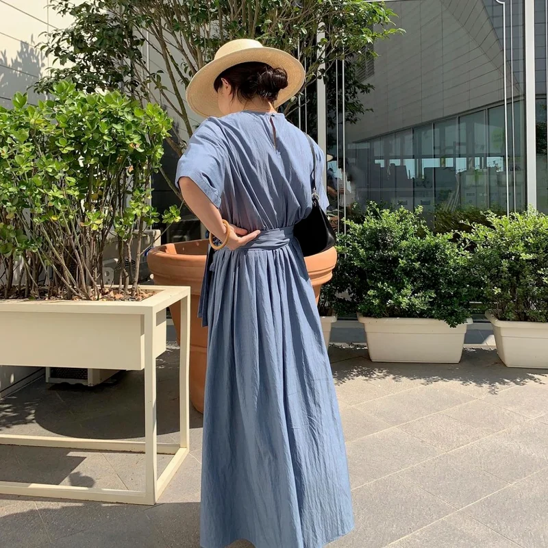 

Korejpaa Women Dress 2021 Summer Korea Temperament Ladies Round Neck Lace-Up Waist Slimming Solid Color Short-Sleeved Vestidos
