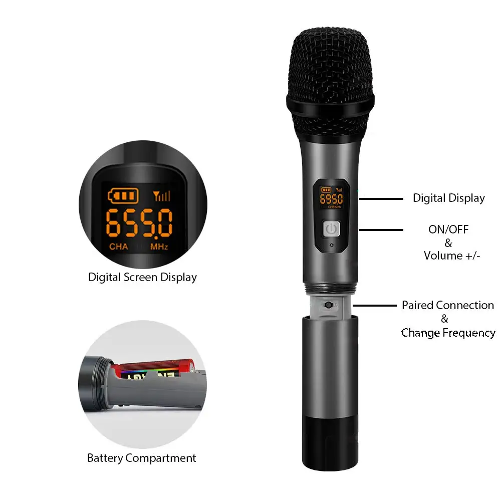 XIAOKOA UHF Ручной беспроводной микрофон, динамический портативный микрофон с цифровым дисплеем, для караоке/дома KTV/программы хост/выход