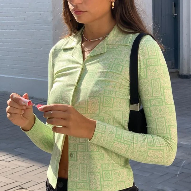 

hirigin Women Casual Long-sleeved Cardigan Shirts Blouses Tops 2021 Fashion Geometric Print Lapel Single-breasted Shirts Female