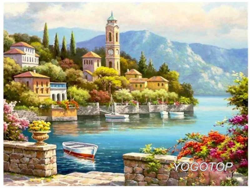 Light Grey Полный Diy алмазная живопись деревья озеро природный пейзаж 5d алмазная вышивка побережье пейзаж Стразы Мозаика Искусство Весна YY1872 - Color: Light Grey