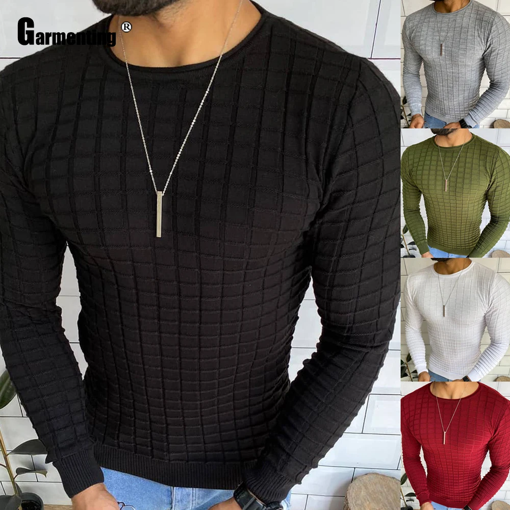 

Garmenting Trendy 2020 Spring Autumn Plaid Shirt Men Casual Slim Fitted Basic Tops Streetwear Plus Size Mens Pullovers T-shirt