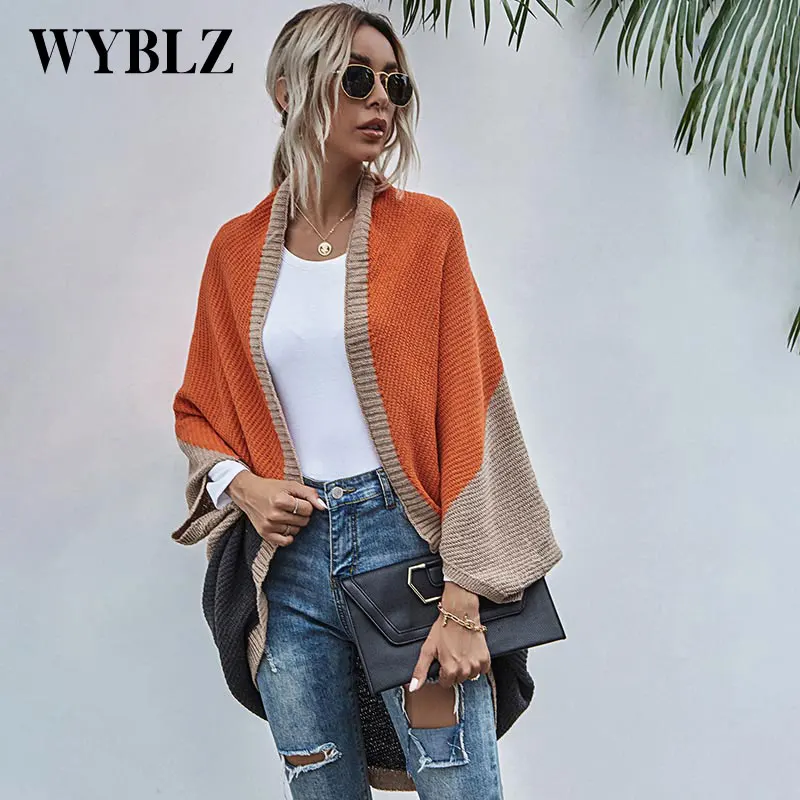 

WYBLZ Fashion Elegant Contrasting Cardigan Sweater for Fall/Winter 2021 Irregular Loose Long Temperament Knitted Sweater Women