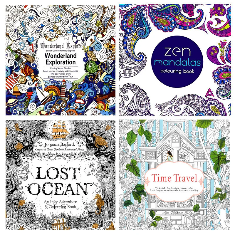 

4PCS New English Version 24 Pages Time Travel Lost Ocean Coloring Mandalas Flower For Adult Relieve Stress Drawing Art Book