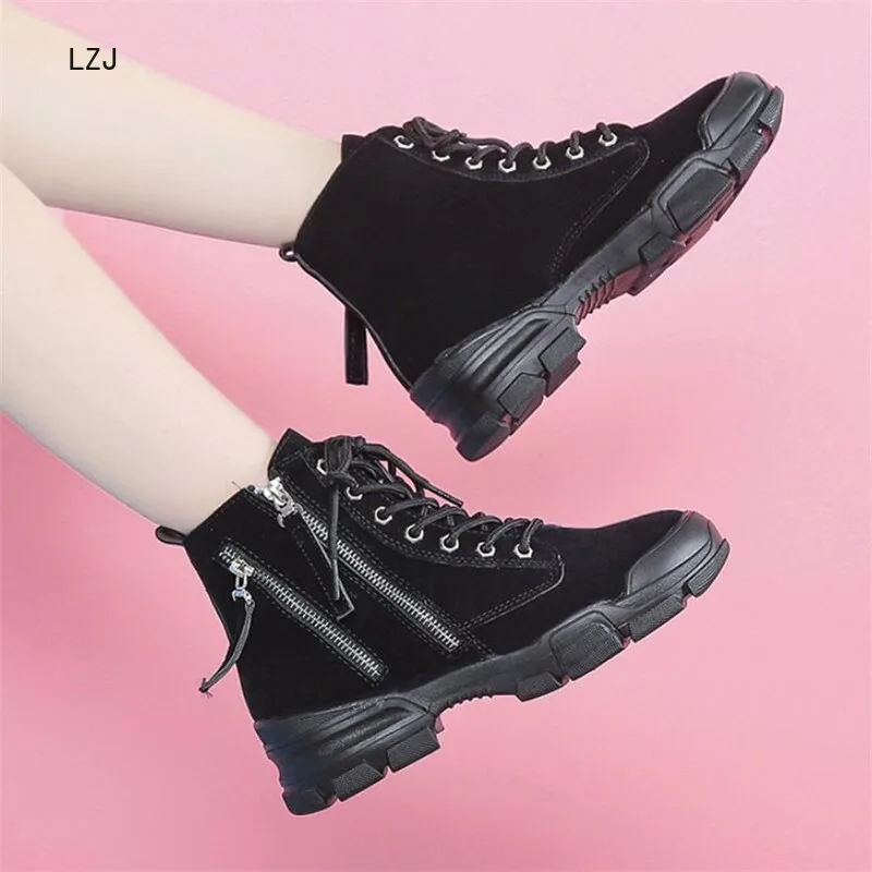 LZJ 2019 женские ботильоны новые ботинки на платформе с круглым носком зимние