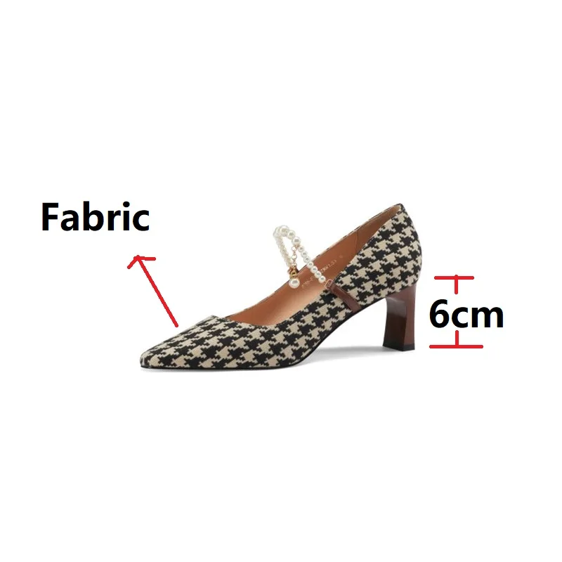 

2021 Chic Stylish Houndstooth Print High Heels Shoes Woman Elegant Pearls Strap Mary Jane Pumps Party Wedding Bride Shoes 33-40