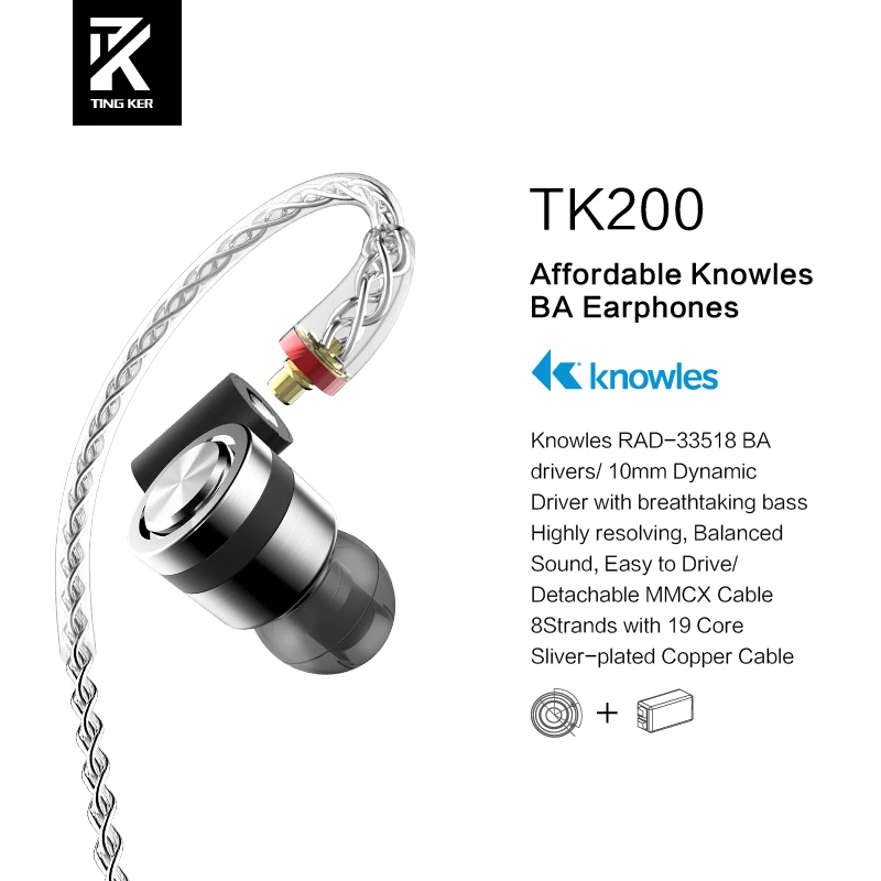 HiFi стерео 1BA(Knowles)+ 1 динамические гибридные наушники IEM с MMCX съемными кабелями
