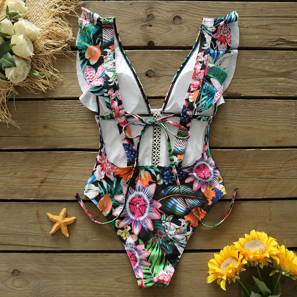 

2021 Sexy Lace Ruffle Print Floral One Piece Swimsuit Swimwear Women Printed Deep-V Beachwear Bathing Suit Monkini