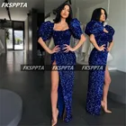 Блестящие ярко-синие платья для выпускного вечера, новинка 2021, платья с коротким рукавом и высоким разрезом с блестками для особых случаев, женское платье