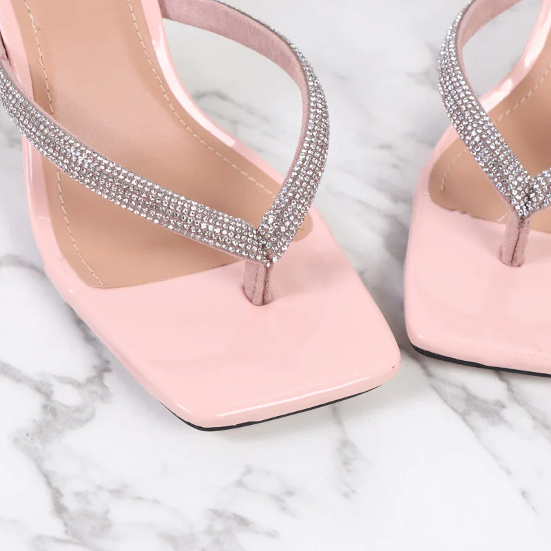 

Women's Sandals Heels Rhinestone Fashion Open Toe Herringbone Transparent Heels Sandals Women Luxury Summer Flip-flops 2021