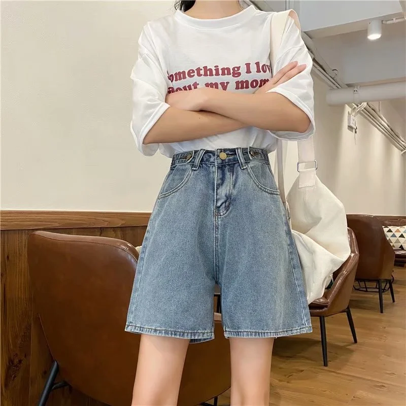 

Womens Shorts Denim Wide Leg Pants Loose Large Size Retro Adjusted Waist Buttons Washed Streetwear Korean Summer Female