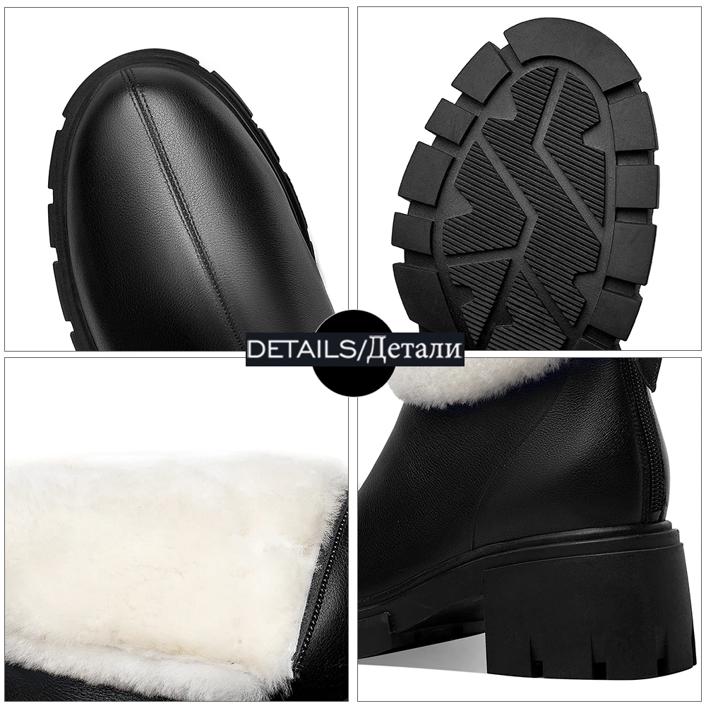 

WETKISS Women Genuine Leather Snow Boots Round Toe Zip Thick Heeled Skid Proof Shoes Warm Fur Winter Boots 2020