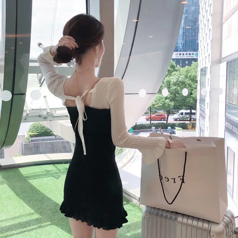 

Women Dress Sexy Slim Knitted Square Collar Flared Sleeves Backless 2020 Autumn New Korean Hot Sale